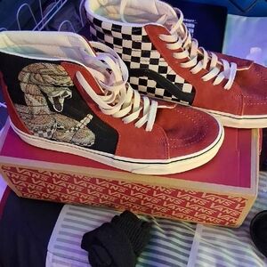 Vans Red and Black Checkered High-Top Sneakers